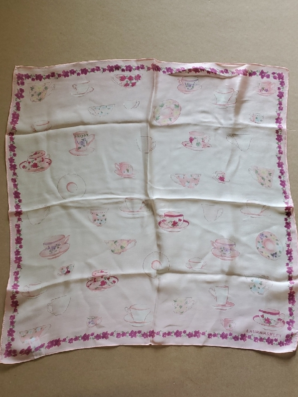 Laura Ashley Cream Scarf with Pink Teacup Motif Silk 21 Sq Aprox